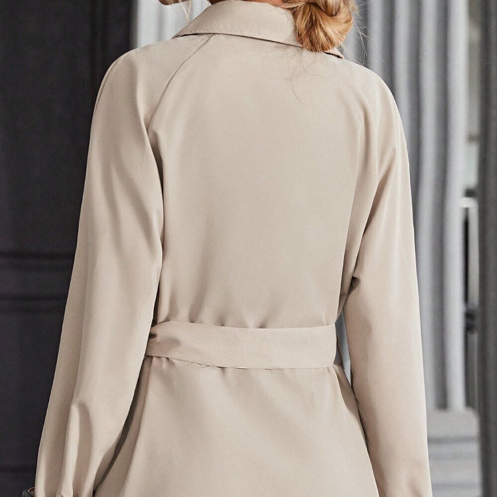 Khaki Casual Women's Raglan Sleeve Double Breasted Belted Trench Coat - Picture 3 of 6